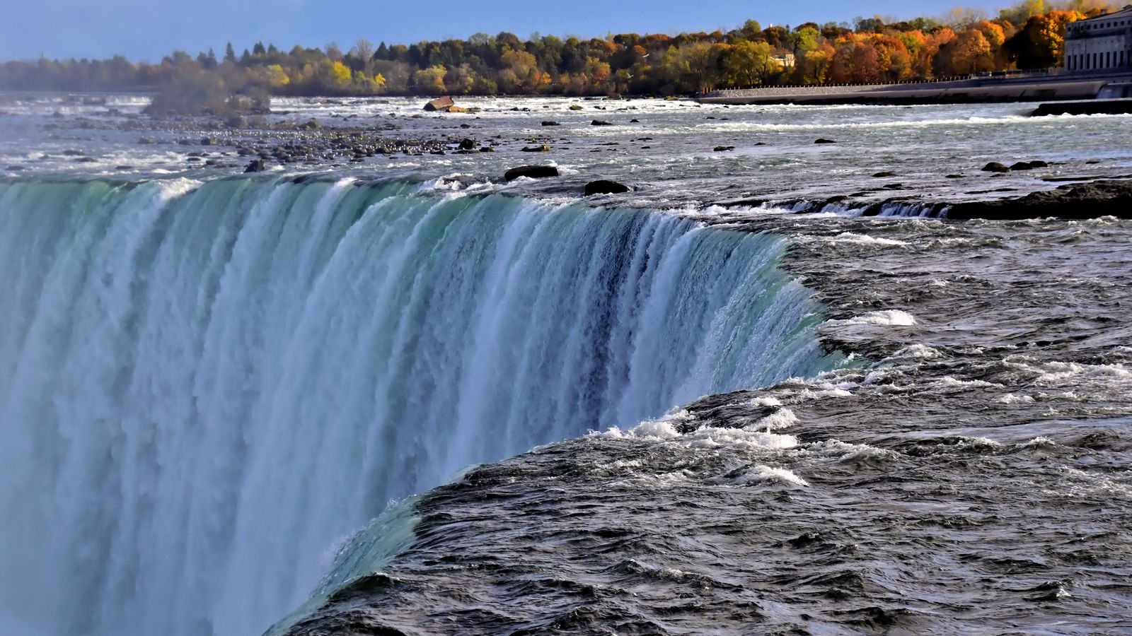 The Horseshoe Falls from the ridge — the Fallsview towers stand above it